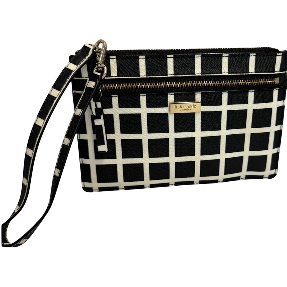 Kate Spade New York Black White Windowpane Grid Saffiano Leather Wristlet Pouch